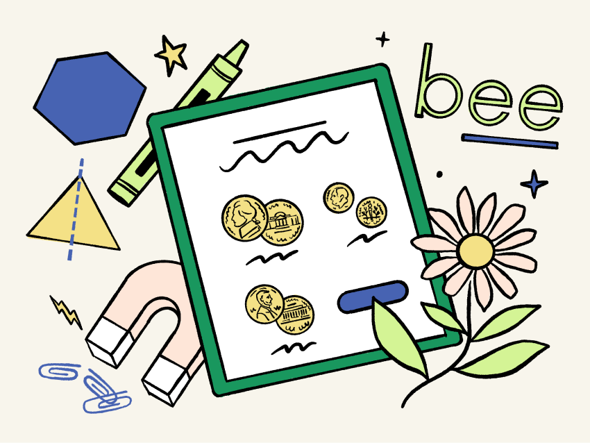 Illustration of an ipad with a lesson about coins on the screen. A flower, the word bee, a hexagon, triangle, crayon, and magnet surround the device.